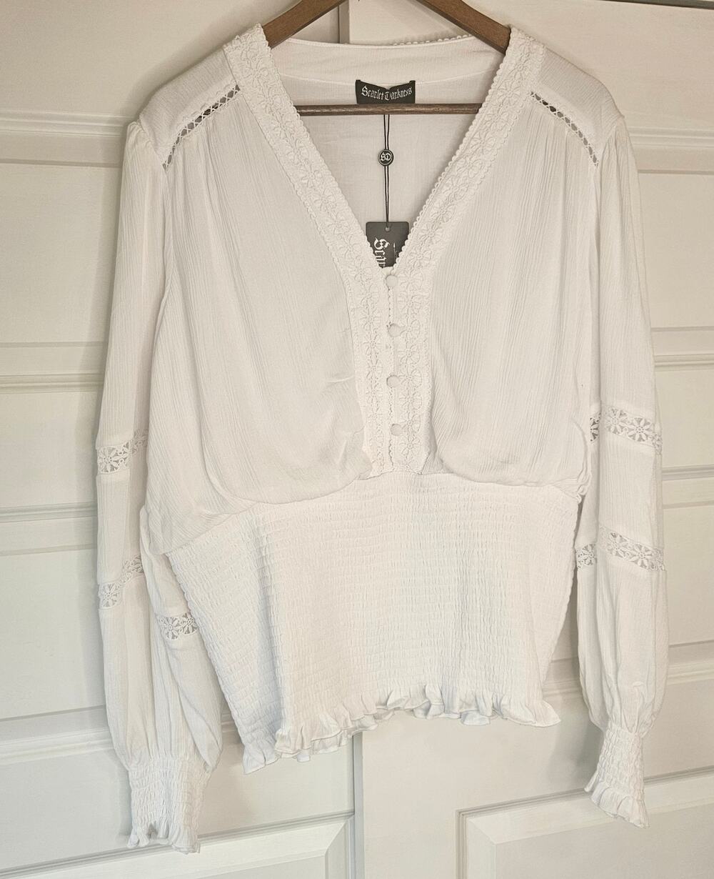 White Smocked V-Neck Renaissance Peasant Blouse Boho Size 2XL